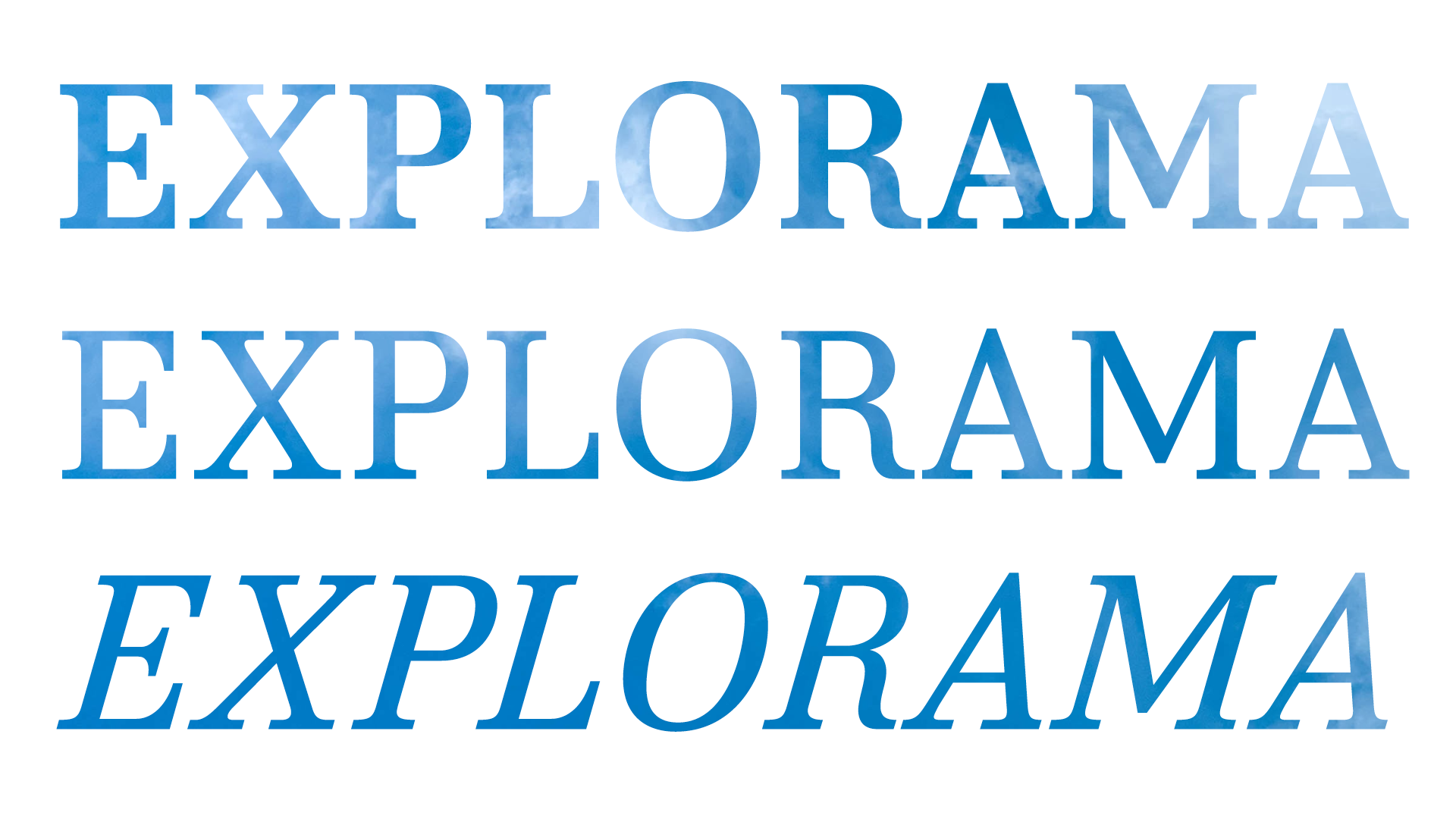 Explorama black regular and italic, with sky inside the letters